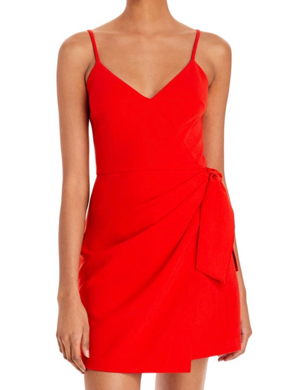 FRENCH CONNECTION | V Neck Mini Party Faux Wrap Dress in hibiscus red.